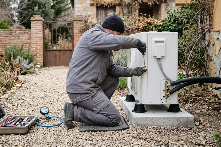 Instalación de aerotermia monobloc Técnico conectando las tuberías de agua de una aerotermia monobloc en el jardín de un chalé