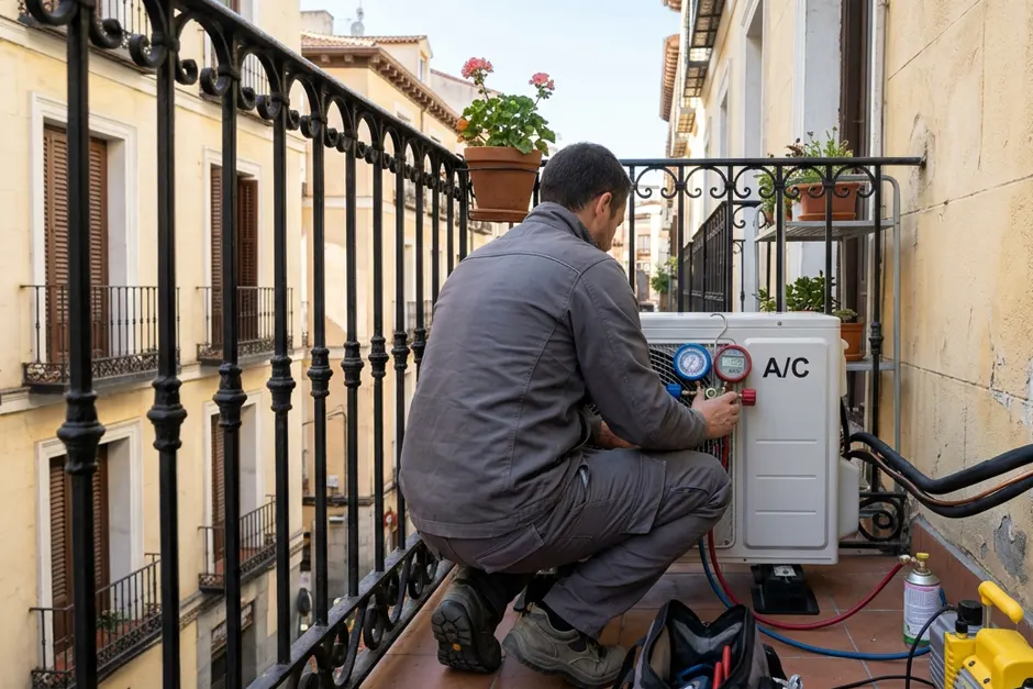 Técnico haciendo el vacío a la unidad exterior de un aire acondicionado en un balcón