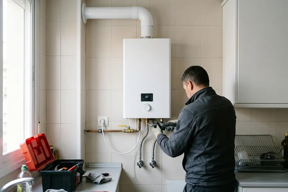 Instalación de calentador de gas estanco Técnico conectando el gas de un calentador estanco nuevo en la cocina de un piso