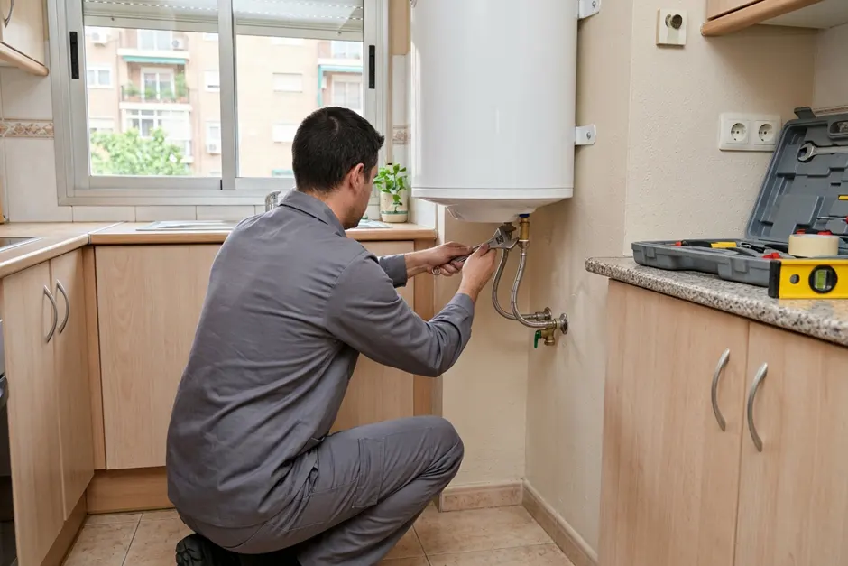 Instalación de termo eléctrico Técnico conectando el agua de un termo eléctrico nuevo en la cocina de un piso