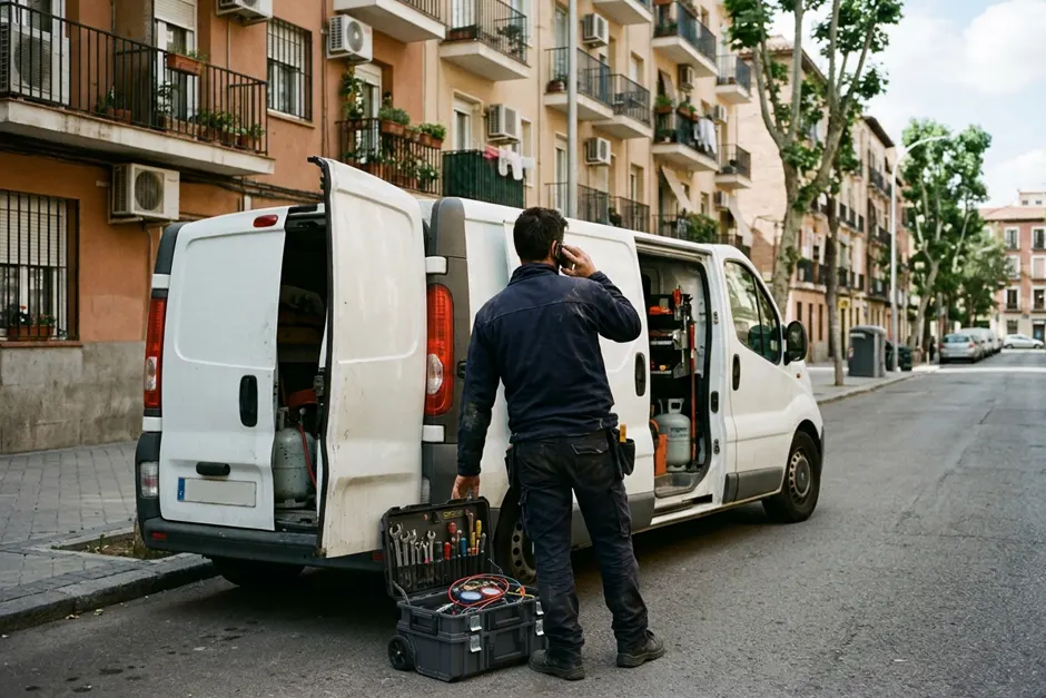 Técnico de la red recibiendo un aviso Técnico de climatización hablando por teléfono junto a su furgoneta en una calle de Madrid