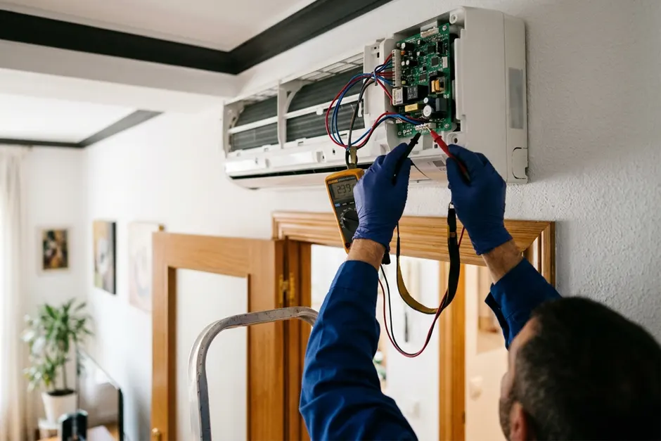 Placa electrónica de un split de aire acondicionado medida con un multímetro