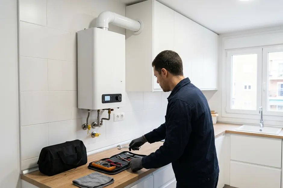 Reparación de calentador de gas estanco Técnico con herramientas junto a un calentador de gas estanco en la cocina