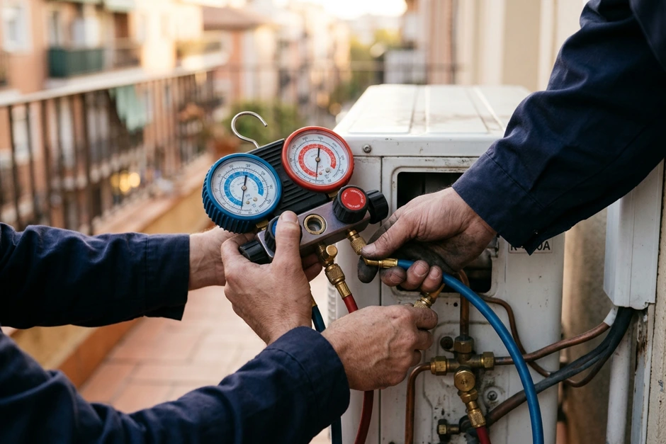 Manos de un técnico conectando un manómetro a la unidad exterior de un aire acondicionado en un balcón de Madrid